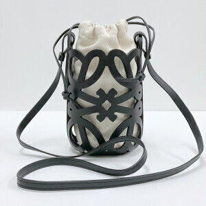 LOEWE Anagram Cutout Pocket Shoulder Bag Black Leather Canvas